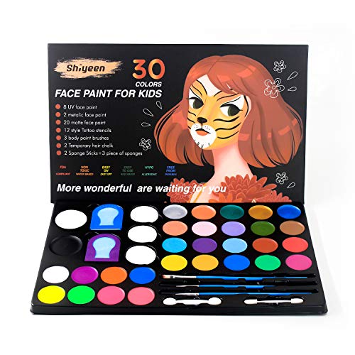 shiyeen Face Paint Kit for Kids - 30 Large Water Based Paints, 2 Hair dye Clips, 12 Stencil Stickers - Halloween Makeup Kit, Simple Face Paint Palette, Face Paints Safe for Sensitive Skin - Image 4