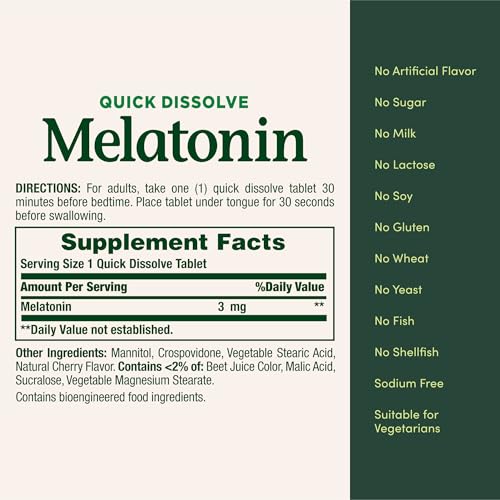 Image of Nature's Bounty Melatonin 3mg Quick Dissolve, Sleep Aid Supplement, Sleep Aids for Adults, Cherry Flavor, 240 Count (Pack of 1)