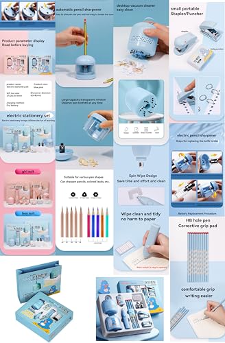Image of Magicwand Pencil Sharpener,Electric Eraser,Vacuum Cleaner Stationery Set with 40 Eraser Refills for Kids,Adults for Home Office School【Blue】