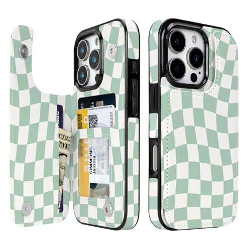 Obbii Compatible with iPhone 16 Pro Case Wallet with Card Holder Flip PU Leather Built-in Card Slots Kickstand and Shockproof Case for iPhone 16 Pro 6.3 inch Women Men (Green Checkerboard)