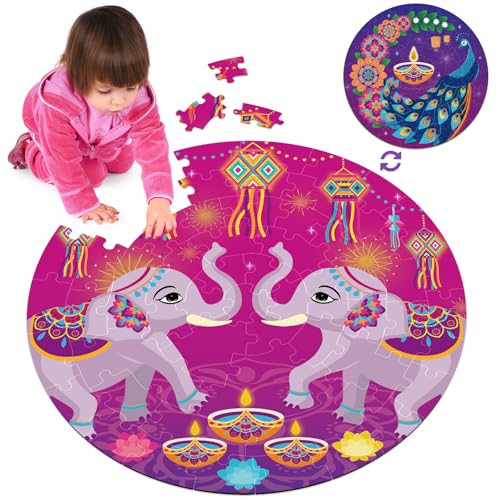 Rangoli Diwali Puzzle for Kids 70 Pieces Double Sided Large Mandala Floor Puzzle 22", Indian Holiday Decorations Gifts for Kids 3+ Party Favors