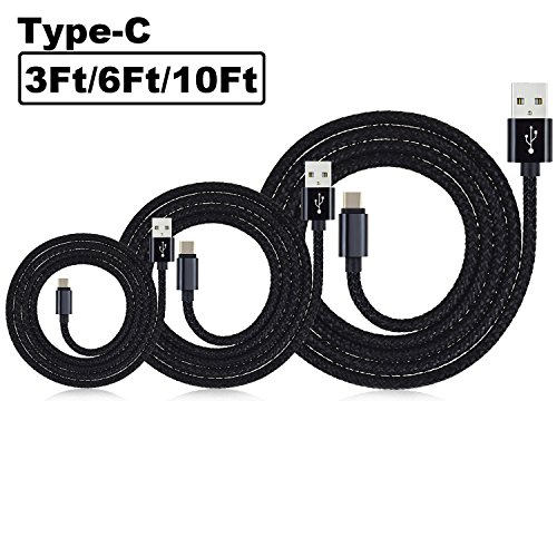 SEGMOI 3Pack 3Ft 6Ft 10Ft Rugged Bold Nylon Braided USB Type-C to USB 2.0 A Male Data Charging Sync Cable Reversible Charger Cord for LG G5 Nexus 6P 5X HTC 10 Oneplus 2 3 (Black)