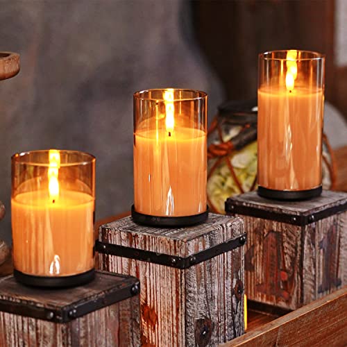 Image of Homemory Amber Glass Flameless Candles, Battery Operated LED Pillar Candles with Remote Control and Timer, Radiance Candles, Real Wax, Set of 3,D3 xH4 5 inch 6 inch