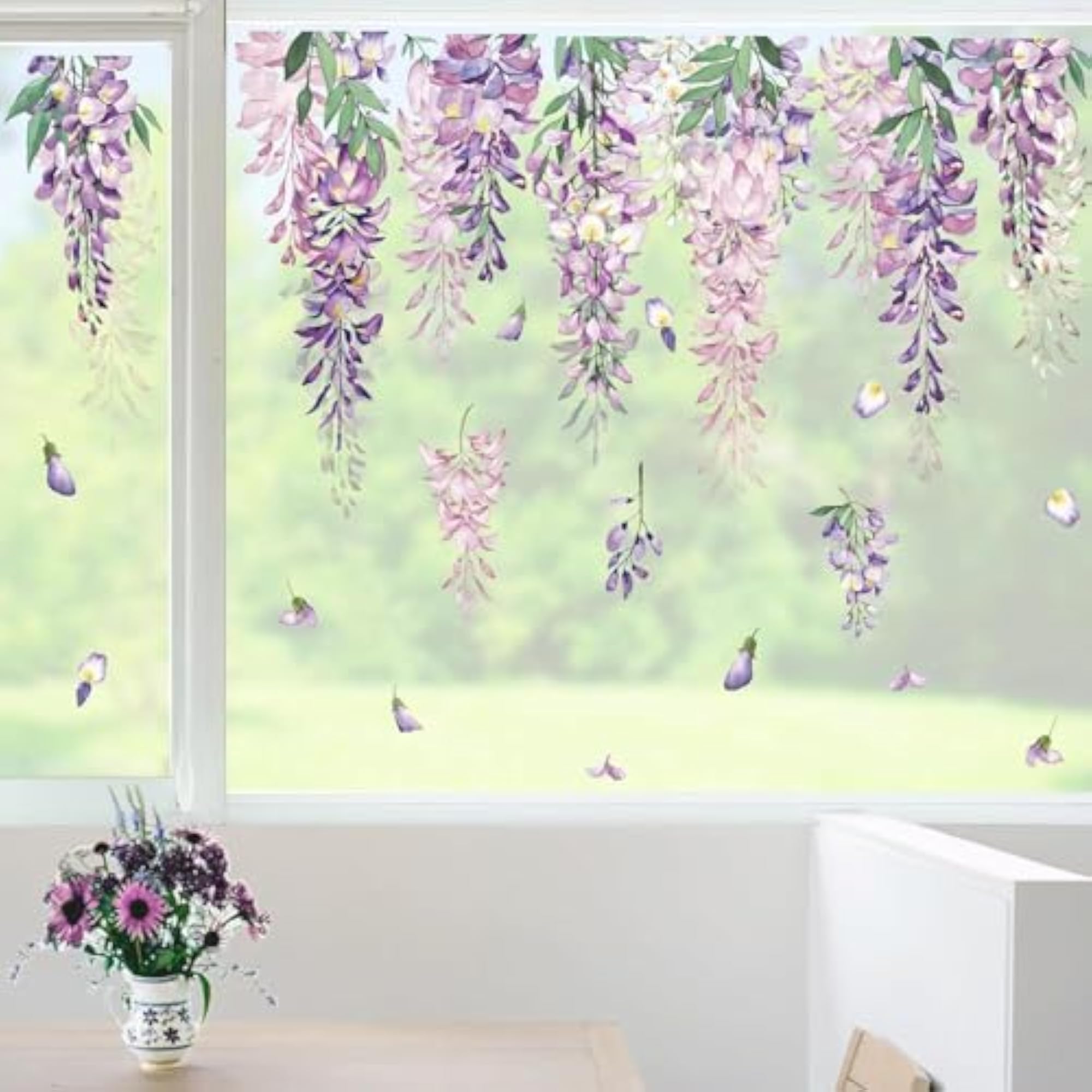 Summer Purple Flower Window Clings Wisteria Floral Leaf Decals