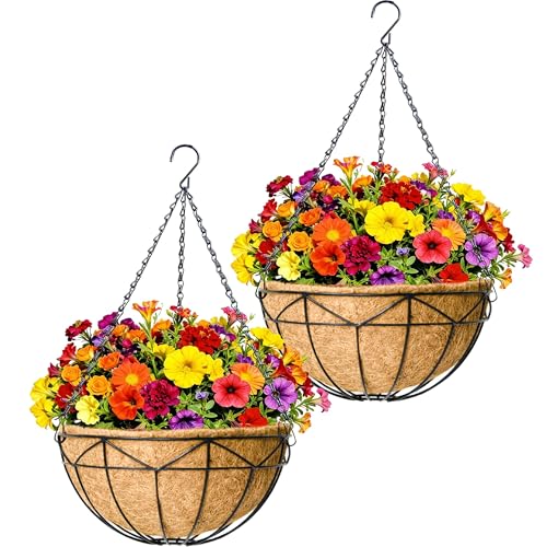 JFFLYIT 2 Pack 12' Round Metal Hanging Basket for Outdoor Plants Durable Large Hanging Planter with Coco Coir Round Plant Holders Planter for Outside Garden Decoration (Geometric)