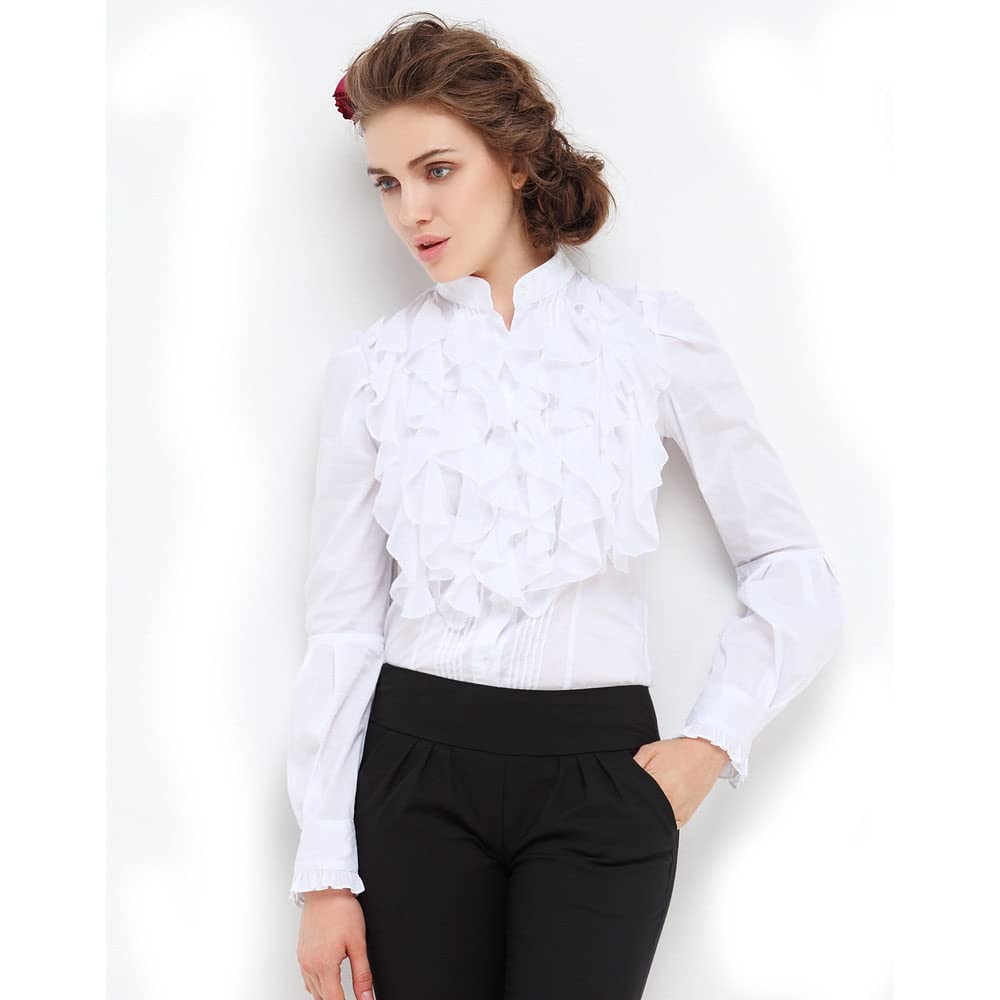 LITTLA Damen Bluse, Damen Hemd Arbeit Büro Bluse Elegante Weiße Chiffon Rüschen Stehkragen Hemden Tops Langarm Button-Down-Blusen Mode Tunika Tops Slim Plain Hemden Bluse