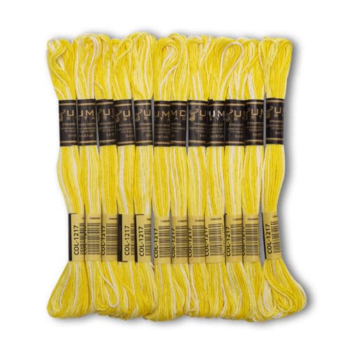 Image of Pack of 12 Premium Embroidery Thread | 100% Egyptian Cotton Premium Skeins | Cross Stitch Embroidery Floss | Oeko TEX Certified | Ideal for Arts & Crafts (Yellow Variegated 1217)