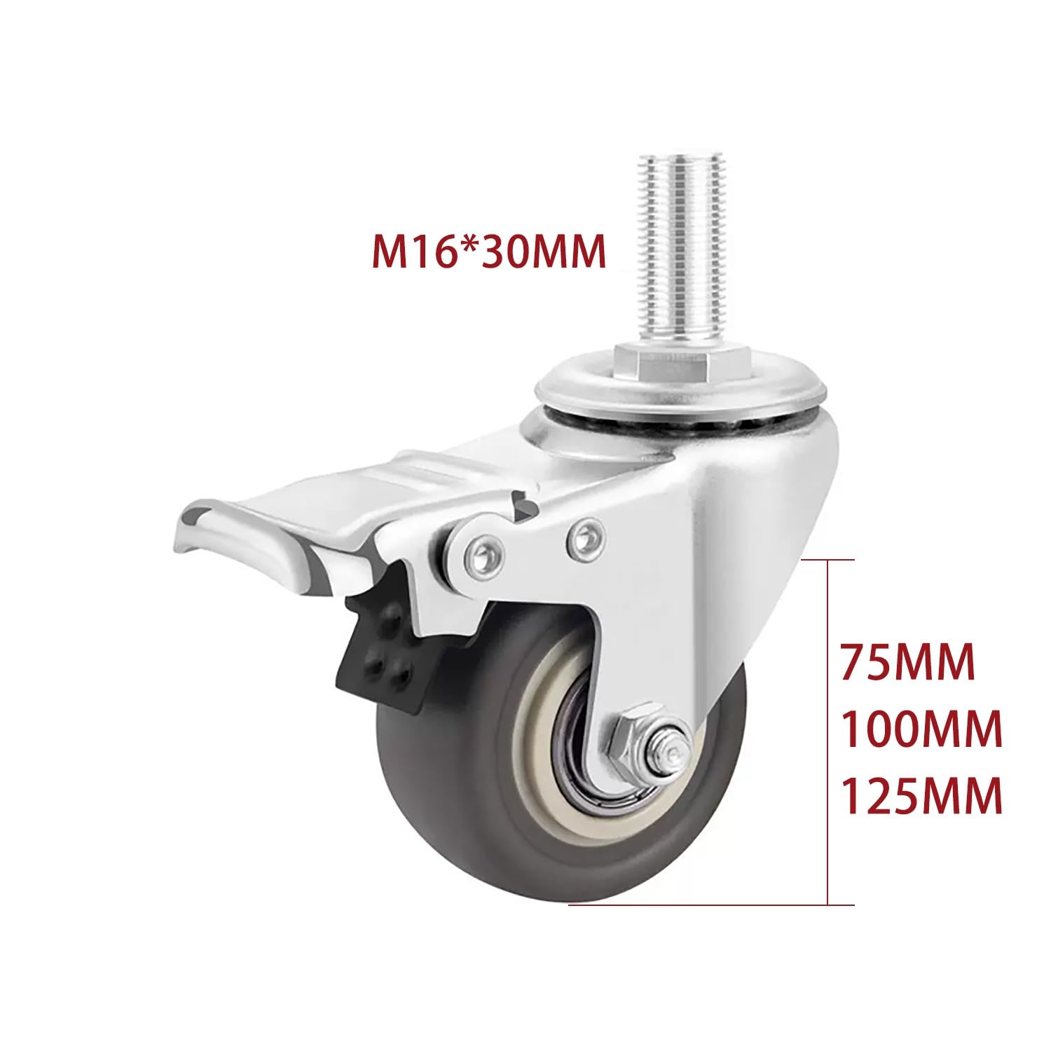 75mm roulettes Pivotantes à Tige Filetée M16*30mm Lot de 4 avec Frein, Capacité de Charge 300kg, roulettes en Caoutchouc Silencieuses for Meubles(2swivel+2with Brake,75mm)