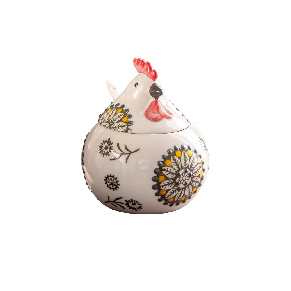 Récipient à épices en céramique avec couvercle et cuillère, pot d'assaisonnement peint à la main pour le sel, le poivre, le sucre et le rangement de la cuisine, design mignon et simple poussin