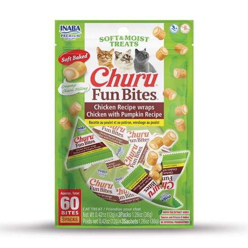 INABA Churu Fun Bites for Cats, Soft & Chewy Baked Chicken Wrapped Filled Cat Treats with Taurine, 0.42 Ounces Each Tetra, 3 Tetras, Chicken with Pumpkin Recipe