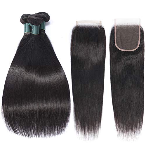 Great Grace Straight Hair Bundles with Closure Free Part Unprocessed 3 Bundles Brazilian Hair with 4x4 Lace Closure 16 18 20+16 Straight Virgin Hair Extensions Natural Black Color