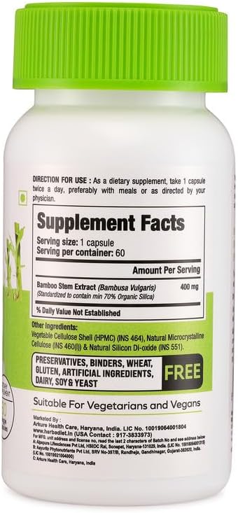 Miniatura 2 de Herbadiet Cápsulas de extracto de bambú  Apoya la piel, el cabello y las uñas saludables  Suplemento natural para el cabello con 70% de sílice (120