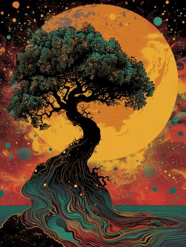 Pintar por Numeros Adultos Puesta del sol, Pintar por Numeros árbol Kit, Paint by Numbers Kit Manualidades Adultos con Pinceles y Pinturas Acrilicos, Decorar de la Pared, Sin Marco 30x40cm N-U-V