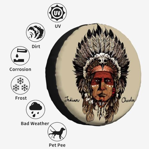 Image of Indian Cherokee Spare Tire Cover Warrior Art Culture Chief Hand Drawing Head Wheel Covers for RV Tires Camper Tire Case Protectors for Trailer Rv SUV Truck Travel Trailer 15 in