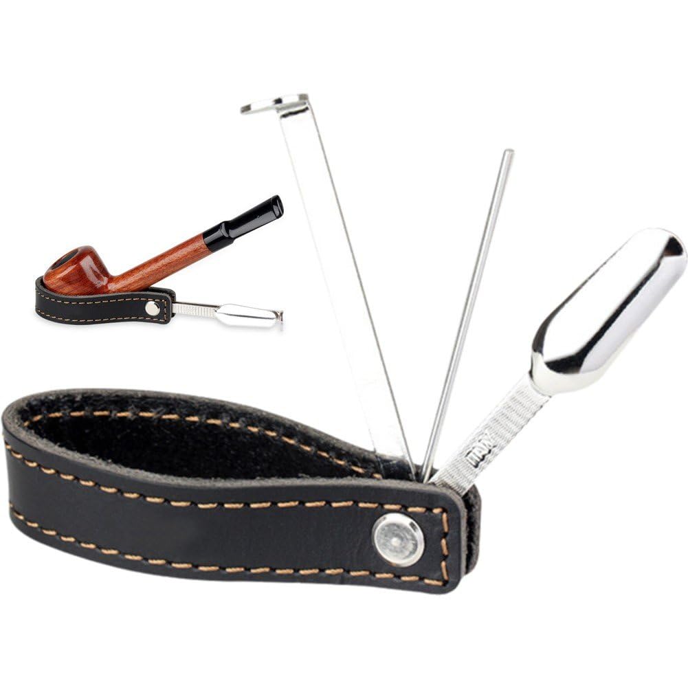 Fituenly As Shown Foldable Tobacco Pipe Holder Leather Pipe Stand With Stainless Steel Pipe Reamer Tobacco Tamper Tool Tobacco Accessories
