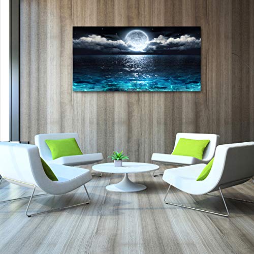 Image of Wall Art Moon Sea Ocean Landscape Picture Canvas Wall Art Print Paintings Modern Artwork for Living Room Wall Decor and Home Decor Framed Ready to Hang,2cm Thick Frame, Waterproof Artwork.
