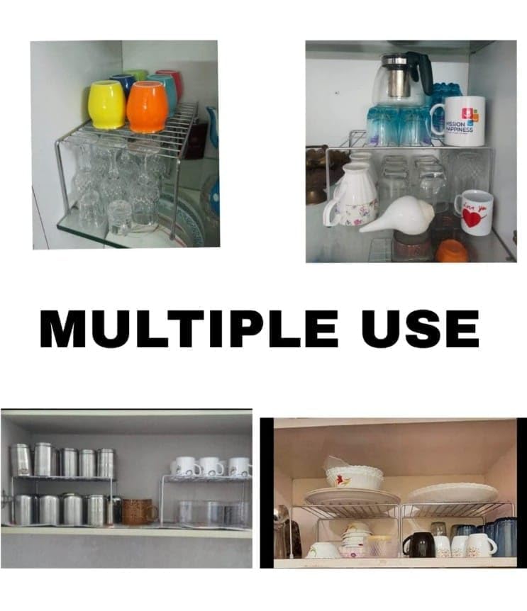 Image of 12FOR COLLECTION 4pcs Stainless Steel Kitchen Dish Rack Expandable Storage Shelves for Kitchen Cabinets Multipurpose Organizer Extend Up to 580 mm with Anti-Rust Nano Coating (Pack of 4), Tiered Shelf