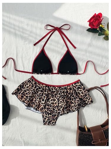 Women's 2 Piece Leopard Ruffle Bikini Sets Triangle Halter Y2k Swimsuit Contrast Trim Bathing Suit3