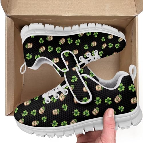 St.Patrick's Day Hedgehog Pattern Little Kid Boys Girls Lightweight Breathable Sneakers Strap Athletic Tennis Shoes for Running Walking（White Sole）2