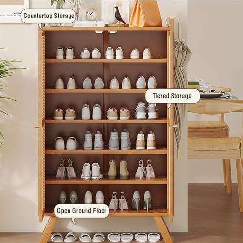Bamboo Shoe Storage Cabinet, 5-7 Tier Slim Cupboard with 2 Doors & Adjustable Dividers, Freestanding Hallway Organizer for Entryway and Closet Space.
