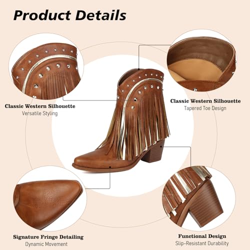 Image of Women's Western Ankle Booties Pointed Toe Cowgirl Boots with Fringe Tassels or Sparkly Rhinestone Fashion Short Boots for Casual Daily Wear