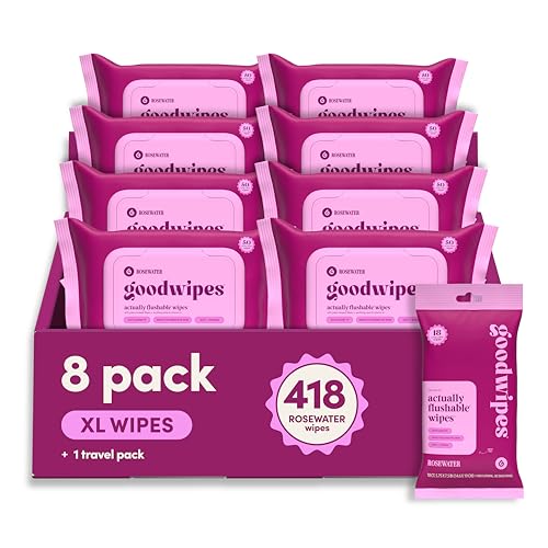 goodwipes Flushable Wipes Bulk Pack Rosewater Adult Wet Wipes for Women & Men Sewer & Septic Safe Toilet & Bathroom Essentials Extra Large 418 Count (8 Packs and 1 Travel Pack)