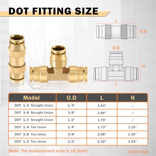Image of CheeMuii 35 PCS Brass DOT Air Line Fittings Kit 1 /4 3 /8 1 /2 DOT Quick Connect Air Fittings Straight & Tee Union Push to Connect Air Hose Fittings for Semi Truck Trailers Air Brake System