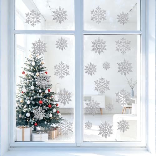 Image of Glitter Christmas Silver Plastic Snowflake Ornaments for Winter Holiday | 60pcs, 4 sizes. Perfect for Christmas tree, birthday party, wedding decor, crafts