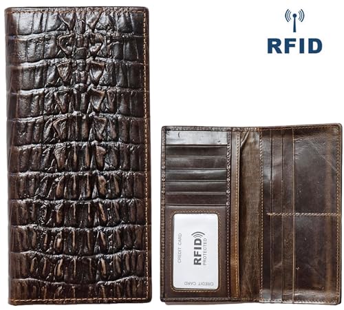 Genuine Leather Bifold Long Wallet for Men, Retro Vintage Embossed Clutch with Zipped Coin purse & Credit card Slots. RFID Blocking. Crocodile Tail- Coffee2