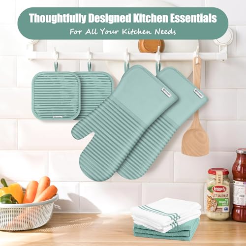 Oven Mitts and Pot Holder Sets with Silicone Grip, 500°F Heat Resistant-6 Pack Dishcloth/Dish Towels for Kitchen 100% Cotton-Value Kitchen Essentials for Cooking, Baking, Grilling-Mint Green by KacNacPro - Image 5