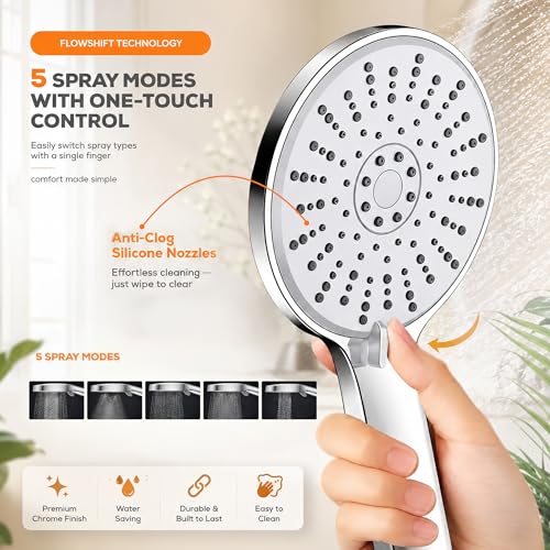 Image of Amazon Basics 5 Function Hand Shower for Bath with 1m Tube & Wall Hook | Anti-Clog Silicone Nozzels with High Pressure | Handshower for Bathroom | Silver- Full Set