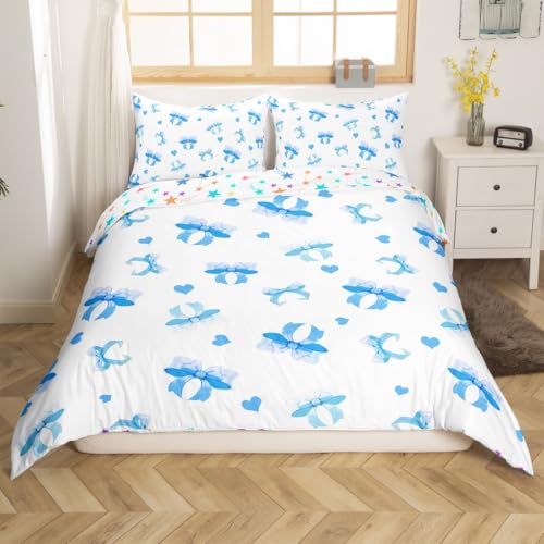 jejeloiu Girls Blue Bow Bedding Set Toddler Size Kids Cute Bowknot Comforter Cover for Boys Girls Bow Tie Duvet Cover Soft Microfiber,No Comforter