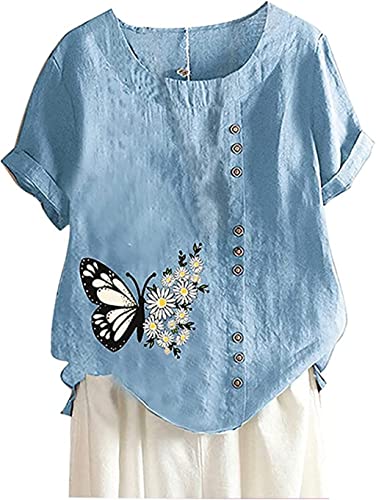 Image of MQYXGS Women Bluse Summer Butterfly Print Tops Cotton Linen Short Sleeve Button Shirt Crewneck Plus Size Loose T-Shirt Vintage Tunic Tops Tee Shirt(Blue/12)