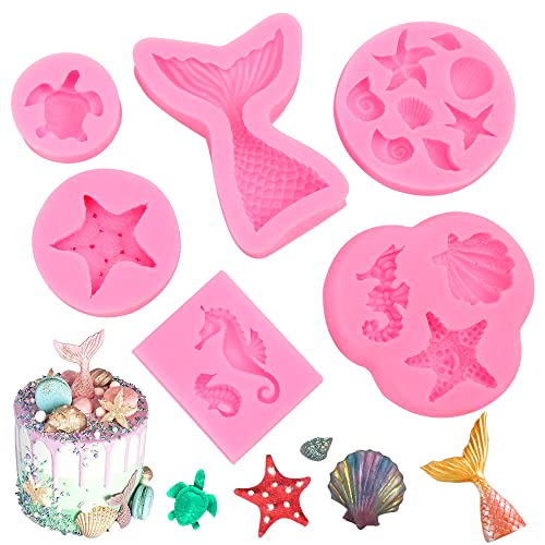 6 Pièces Moule Sirène Moule Coquillage Moules Silicone Moules à Gâteaux Fondants DIY Marin Animal moulessilicone Forme Outil pour Cupcakes Bonbons Chocolats Fête à Thème Sirène Fête d'anniversaire Cover