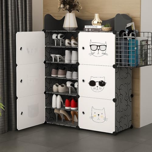 Image of Plastic Shoe Rack for Home | ๐๐ ๐๐ก๐๐ฅ๐ DIY Shoe Rack with Door Magnets for Home Storage Plastic Box Organizer, Metal Door Frame, Chappal Slipper Sandals Stand (Black-6-Door, X5)