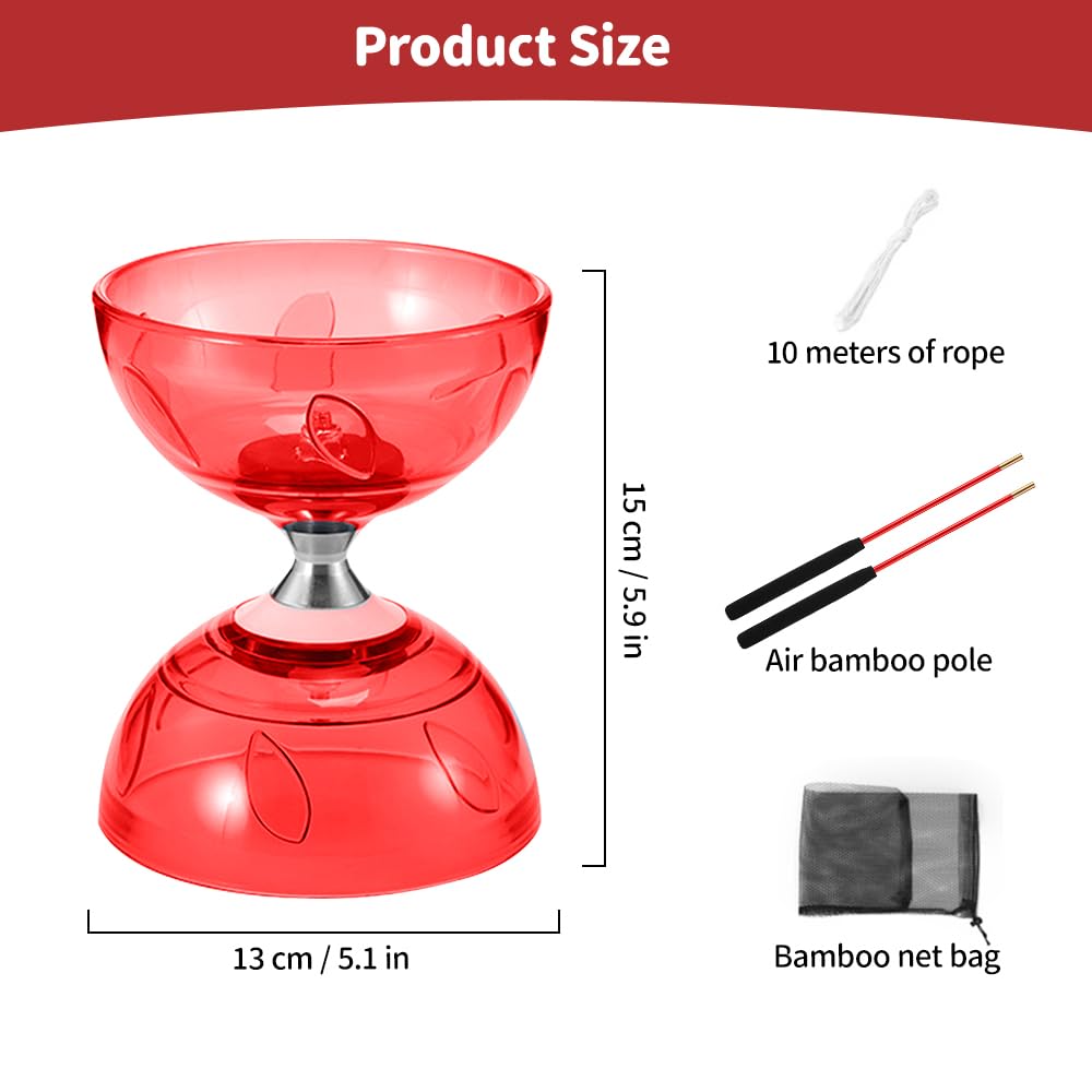 Juego de Diábolo, Diábolo con Rodamientos de Bolas, Juego de Malabarismo con Palos de Diábolo, Cuerda y Bolsa de Red, DiáboloQue Brilla en la Oscuridad para Profesional, Principiantes (Rojo)