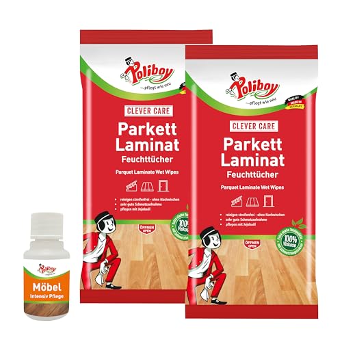 Poliboy - Toallitas húmedas para parqué laminado, para limpieza y cuidado de parqué, 2 x 15 toallitas, con muestra de producto, fabricado en Alemania