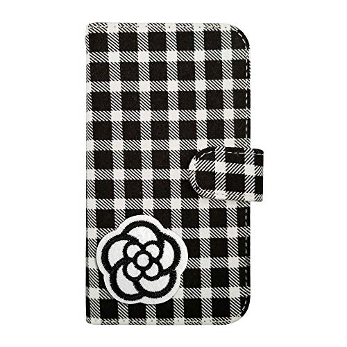 sslink iPhone 17 アイフォン17 対応 手帳型 ケース カメリア(ホワイト×ブラック) デコ かわいい おしゃれ ワッペン 刺繍 キラキラ (チェック02) チェック柄 千鳥柄 ファブリック 布 生地 PUレザー 合皮 ダイアリータイプ 横