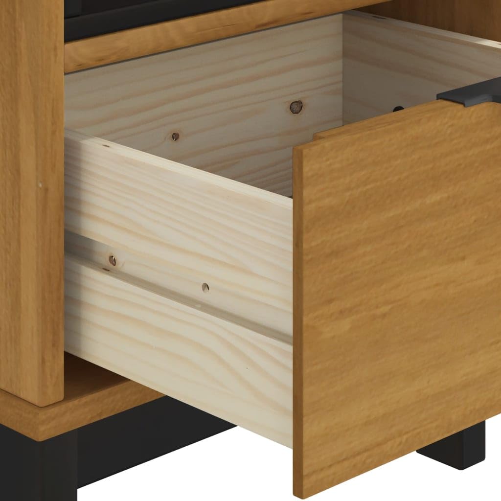 Comodino Flam 40x35x50 Cm Legno Massello Pino | Con 1 cassetto e 1 vano, maniglia in plastica, finitura rovere, assemblaggio richiesto