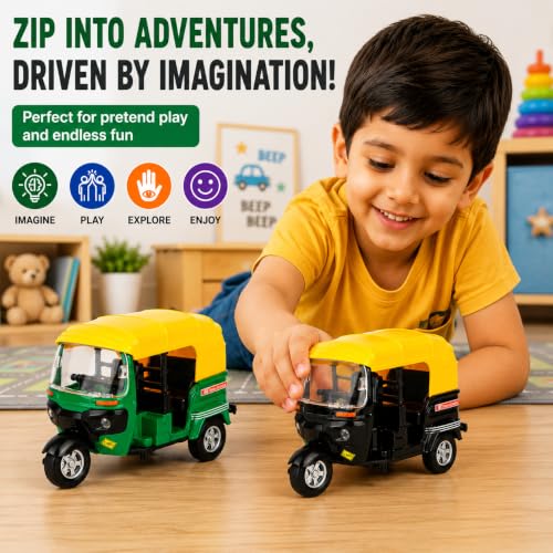 Image of PLUSPOINT Metal Auto Rickshaw Toy Set of 2 | Black & Green Die-Cast Metal Body | Pull Back Action Toy Vehicles | Detailed 3-Wheel Tuk Tuk Models for Kids | Pretend Play & Gifting