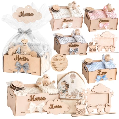Miniatura 5 de Regalo Para Bebé Recién Nacido Niño O Niña Cesta Con Manta, Doudou, Capa De Baño, Nube Decorativa Y Marco Canastilla Embarazo,Bautizo,Hospital Y Baby Shower Nombre En Madera Olesea Beige