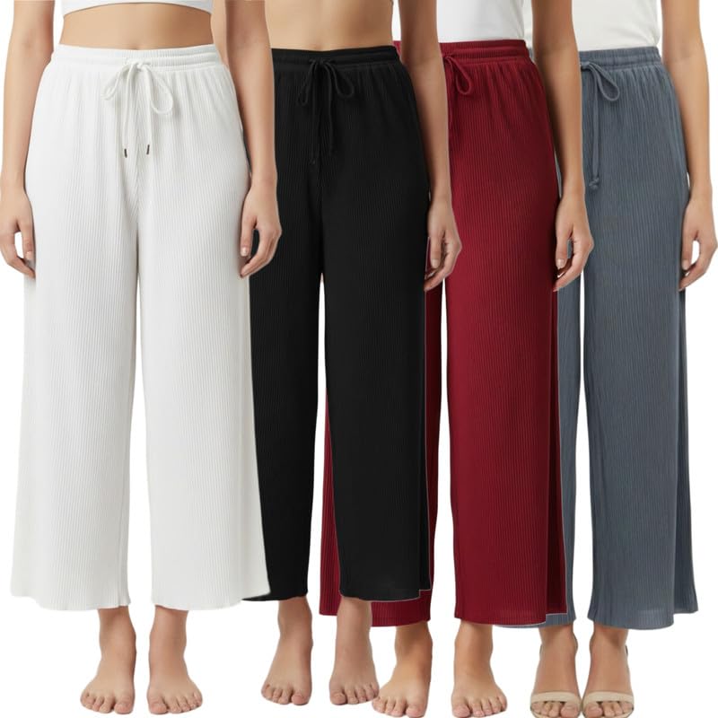 Women's Wide-Leg Trouser|Palazzo Pants|High Waist Flowy Trousers with Drawstring|Lightweight Casual & Travel Wear|Women Trousers Pants - Pack of 4-image-42
