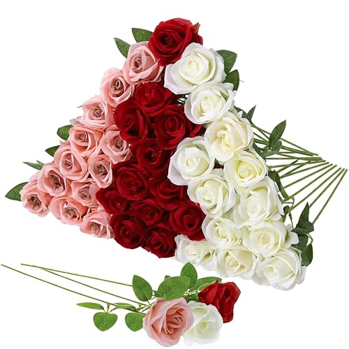 Hoemwarm 36 Pcs Red White Pink Artificial Roses with Long Stems, Fake Silk Rose Artificial Flowers Bulk for Bridal Wedding Bouquet Centerpiece Ball Arrangement Party Decor