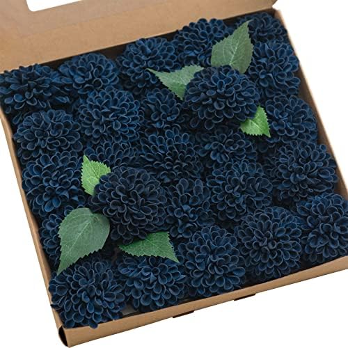 Ling's Moment Artificial Wedding Dahlia Flowers 25 pcs Navy Blue Fake Roses w/Stem for DIY Wedding Decor Centerpieces Arrangements Bouquets