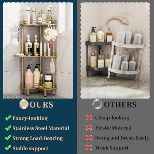 Image of Consumest Corner Shower Caddy Standing - 3-Tier Stainless Steel Shower Organizer with Soap Holder and 4 Hooks, Large Capacity Corner Shelf Stand for Bathroom, Rest Room, Gold