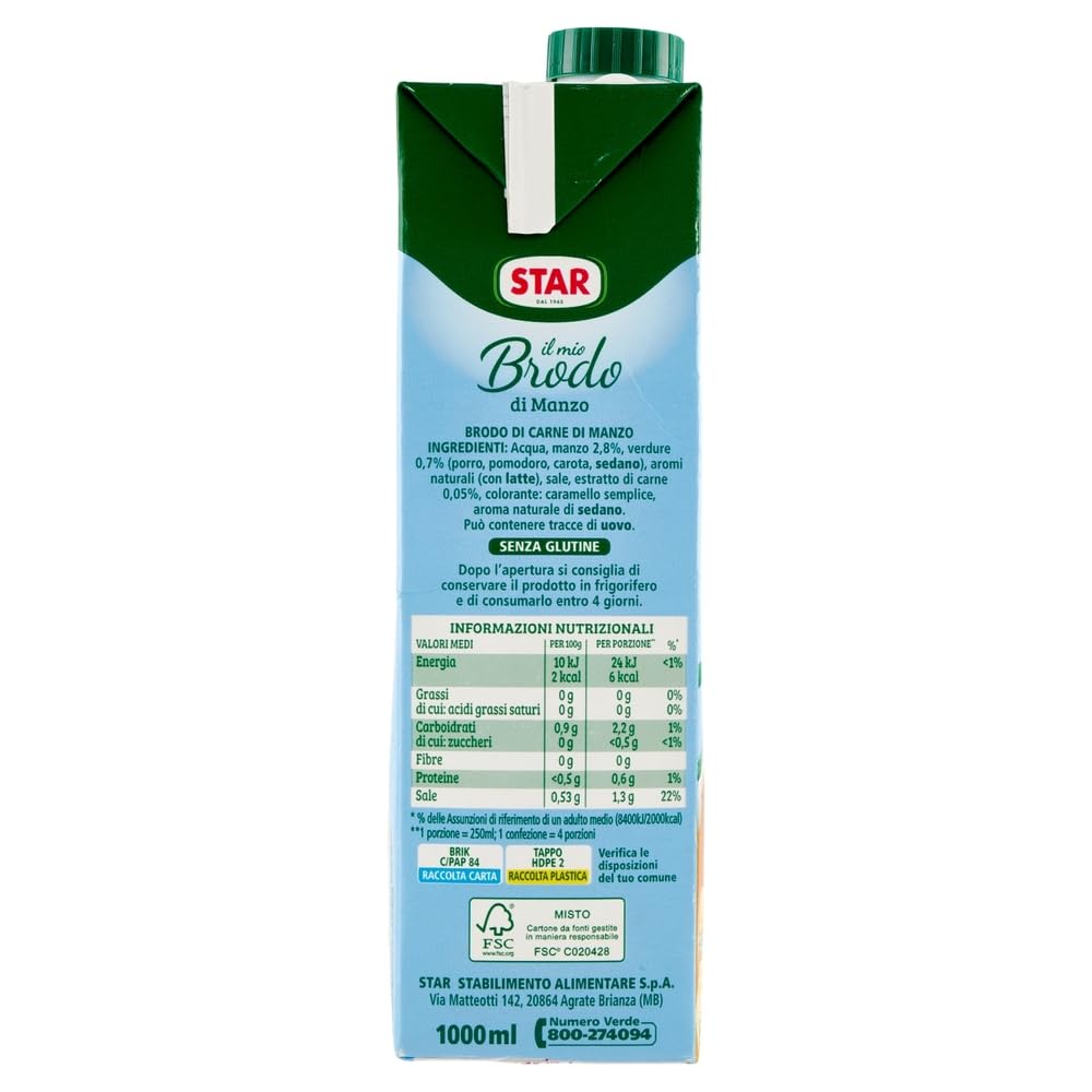 STAR Il Mio Brodo di Manzo - 30% sal, 12 x 1 l, caldo líquido preparado, 100% natural, sin conservantes, sin gluten + llavero Beni Culinari gratis