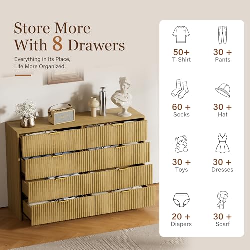 Image of Furniway Mid Century Modern Dresser for Bedroom, 8 Drawer Wood Dresser with Fluted Front, 55 inch Wide Chest of Drawers for Closet, Living Room, Hallway, Natural Oak