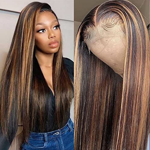 4/27 Highlight 13x4 Glueless Lace Front Wig Long Straight Human Hair 150% Density Pre Plucked With Baby Hair Virgin Ombre Brown Human Hair Wig for Black Women(20 Inch)