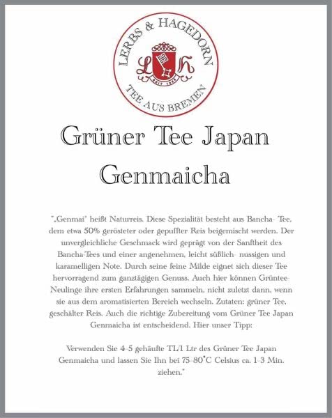 Lerbs & Hagedorn, Grüner Tee Japan Genmaicha |Sanft Mit Leicht Süßlich Nussig Karamellig 1kg (ca. 81 Liter) Mit Geschälter Reis