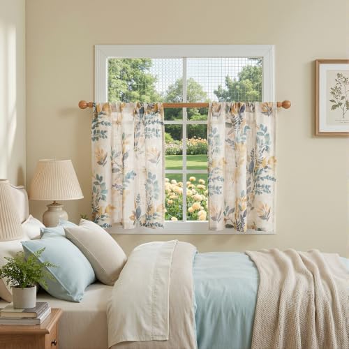 Image of MYSKY HOME Linen Kitchen Tier Cafe Patterned Curtains 24 Inch Length 2 Panels Farmhouse Semi Sheer Privacy Small Window Treatments Rod Pocket for Bathroom Basement, Yellow and Blue, 30 inch Each Panel